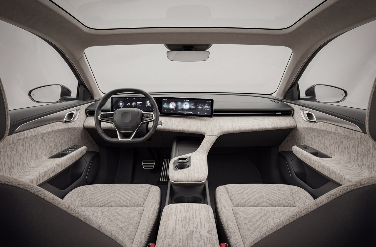 Visualisation of a complete car interior with 3D knitted seat covers, door trims and armrests with embedded functions
