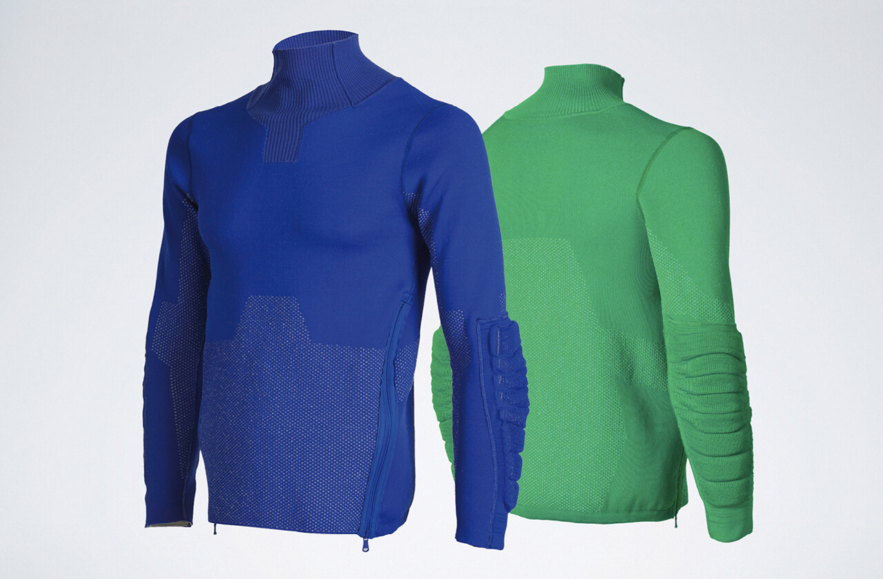 Award-winning ski jackets with an embedded 3D knitted loop spacer absorber for breathable shock absorption
