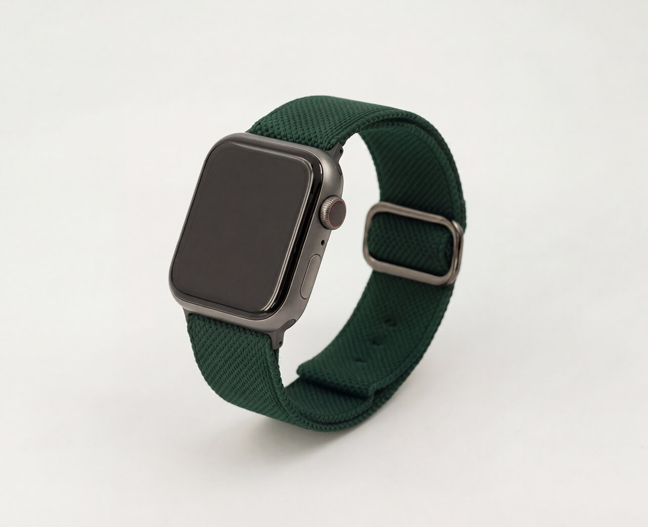 Smartwatch with a green shape-knitted strap, produced seamlessly in a single piece